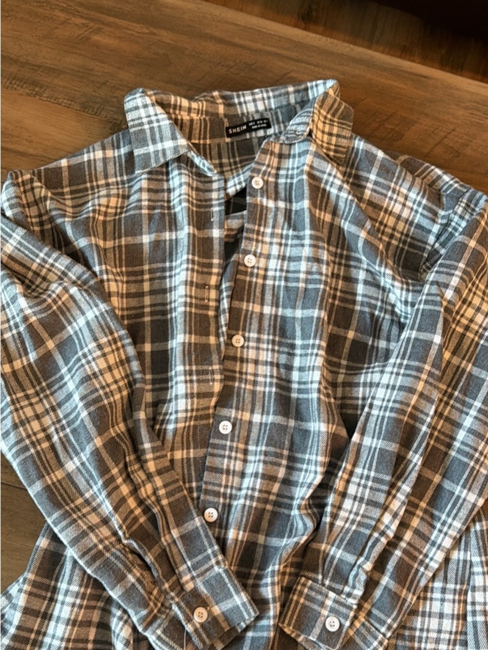 SHEIN Gray and White Plaid Button-Down Shirt